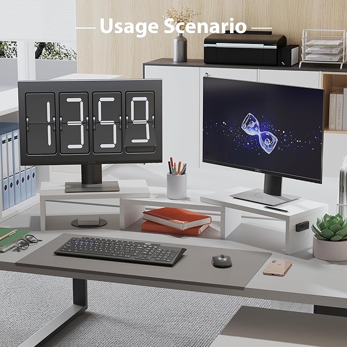 BONTEC Dual Monitor Stand Riser, Adjustable Length & Swivel Angle, Ergonomic Wooden Desktop Organizer with Smartphone Holder, Computer Monitor Stand for PC Monitor, Laptop, Printer, Large Storage