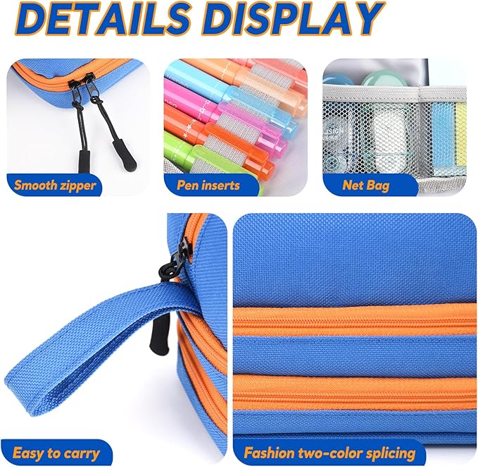 Genteen Large Capacity Pencil Case,Multifunction Pencil Pouch,Pencil Bags with Zipper 3 Compartments Pencil case organizer for or School Teen Girl Boy Men Women（Blue）