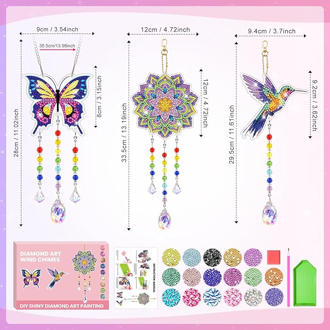 Arts and Crafts for Kids Ages 8-12, Diamond Art Kits for Kids Birthday Gifts for 5 6 7 8 9 10 11 Year Old Girls Diamond Painting Kits for Adults Teen, Gem Art Suncatcher Wind Chime for Home Garden