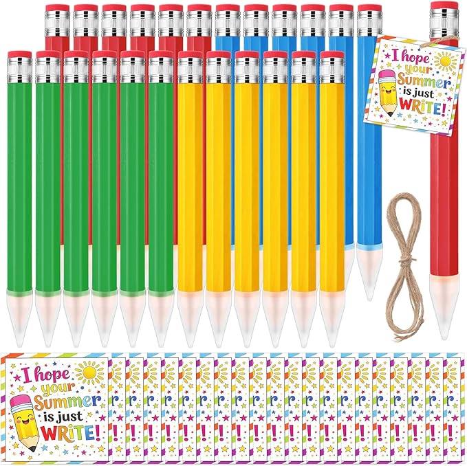 24 Sets End of the Year Student Gifts 13 Inch Big Wooden Jumbo Pencils Set of Giant Pencil Prop with Summer Greeting Card Large Pencils with Cap Preschool Kindergarten Graduation Gift