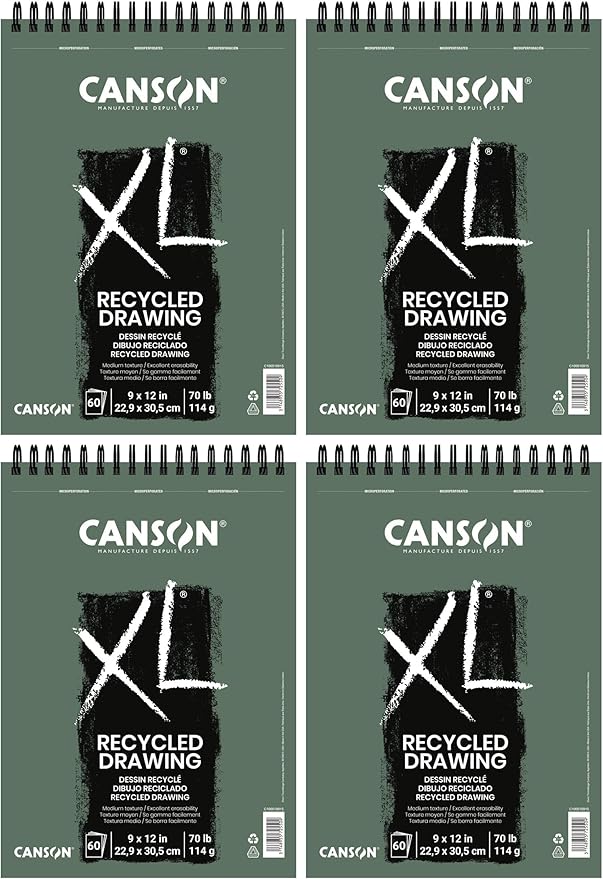 Canson XL Series Recycled Drawing Paper Pad, Top Wire Bound, 70 Pound, 9 x 12 Inch, 60 Sheets (Pack of 4)
