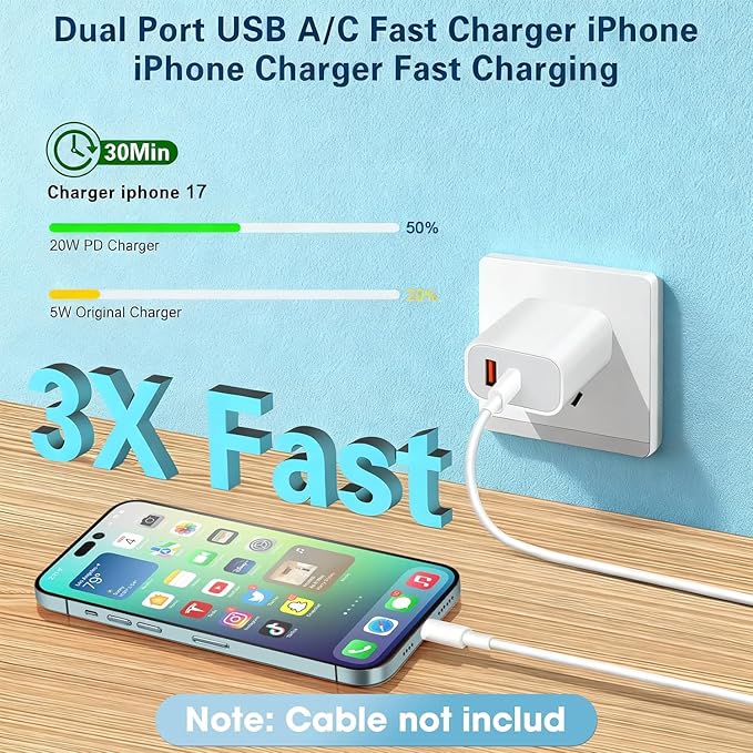 USB C Charger Block for iPhone,20W Dual Port Fast Wall Charger,USB C & USB A Power Adapter Type C Charging Brick Plug for iPhone Air/17 Pro Max/17e/16e/16 ProMax/16Plus/15/14/13/12/11,iPad Pro,AirPods