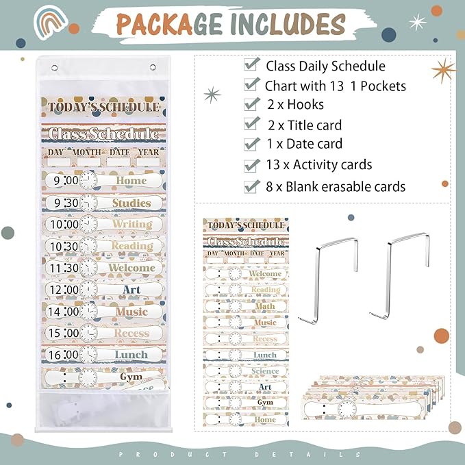Daily Schedule Pocket Chart for Classroom Decor with 13+1 Pockets and 42 Designed Schedule Cards, Teacher Supplies for Preschool Classroom Home Office Back to School Decorations(Boho)
