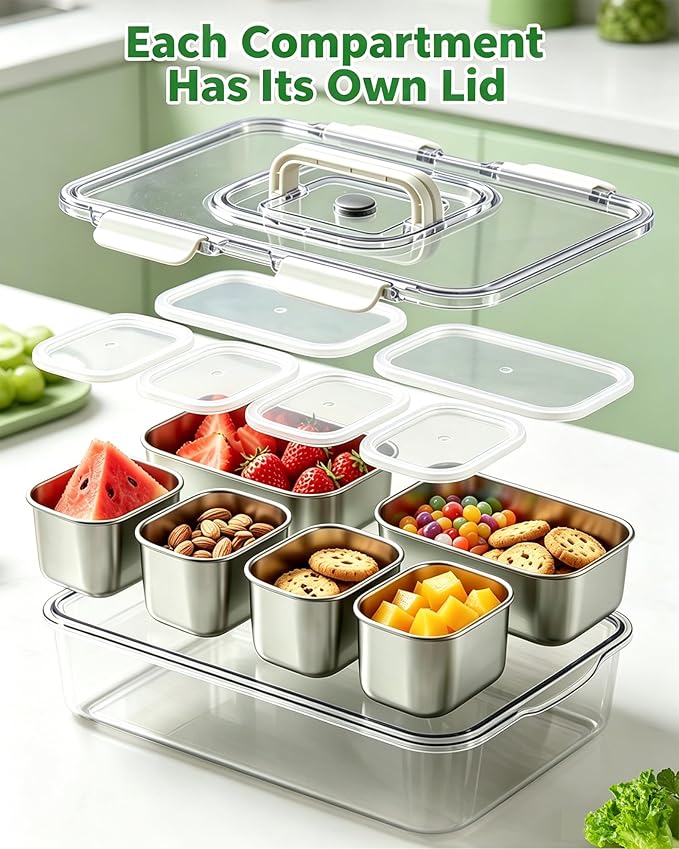 Snackle Box Container, 6-Compartment Stainless Steel Snack Box, Dishwasher Safety Snack Tray with Lid and Handle, Large Divided Serving Tray for Travel, Picnic, Beach, Pool and Parties
