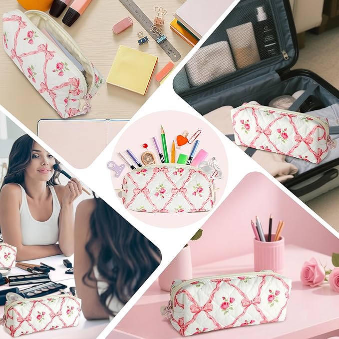Cute Quilted Pencil Case for Girls Women, Aesthetic Small Floral Pencil Pouch,Slim Soft Pencil Bag for School Supplies Makeup Pouch for School & Daily Use (pink bow)