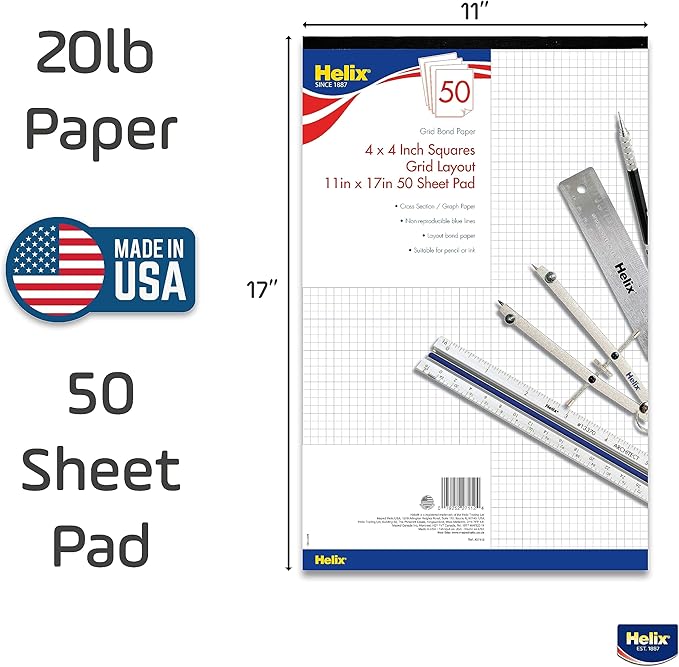 Maped - Helix Bond Paper Pad 11x17 - Architectural Drafting - Precise Grid Pattern - Ensures Accurate Designs - Ample Workspace, Premium Bond Paper