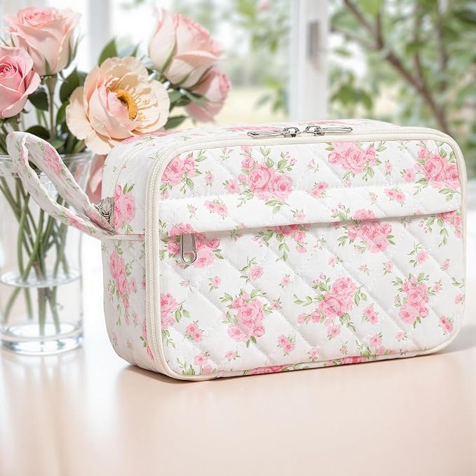 WOBAGMEN Quilted Pencil Pouch for Girls Women, Large Pencil Case Pouch with Compartments Cute Aesthetic Pencil Case Organizer, Floral Pencil Bag for School Supplies (big pink floral)