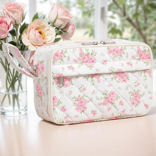 WOBAGMEN Quilted Pencil Pouch for Girls Women, Large Pencil Case Pouch with Compartments Cute Aesthetic Pencil Case Organizer, Floral Pencil Bag for School Supplies (big pink floral)