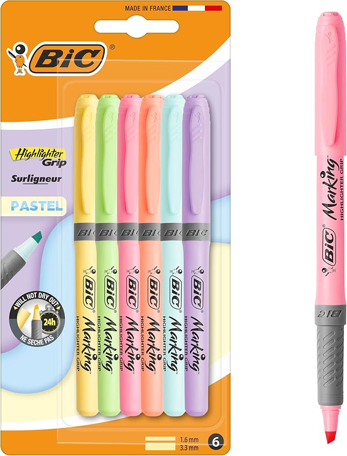BIC Highlighter Grip Pastel, Highlighter Pens with Adjustable Chisel Tip, Rubber Grip for Extra Comfort, Assorted Colours, Pack of 6