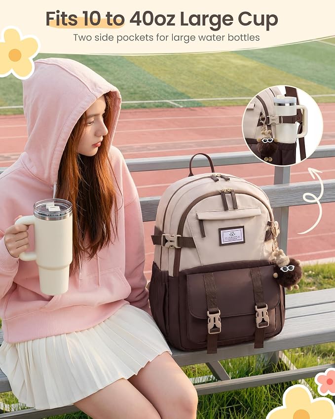 LOVEVOOK School Backpack for Teen Girls, Bookbag for 8-16 Student, Middle High College Back to School Cute Kids Backpack, 15.6 Inch, Coffee-beige