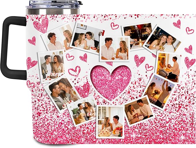 Personalized Tumbler Custom Vacuum Insulated Travel Mug Customizable Coffee Cup with Your Photos and Text Christmas Birthday Gift (Heart Shaped Photo)