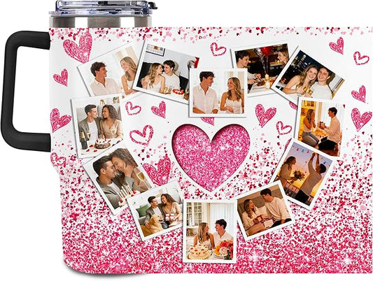 Personalized Tumbler Custom Vacuum Insulated Travel Mug Customizable Coffee Cup with Your Photos and Text Christmas Birthday Gift (Heart Shaped Photo)