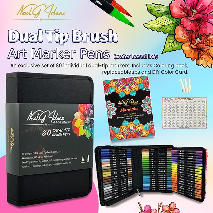 Dual Tip Brush Art Marker Pens, 80 Unique Color, Water-Based Ink, Fineliner & Brush Tip Pens for Arts Lover Adults, Coloring Drawing Book, Calligraphy Writing, Sketching and Doodling