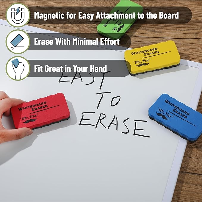 Mr. Pen- Magnetic Dry Erase Erasers, 4"x2.25", 8 Pack, Colorful Magnetic Whiteboard Erasers for White Board, Classroom, Home, Office, Back to School Supplies
