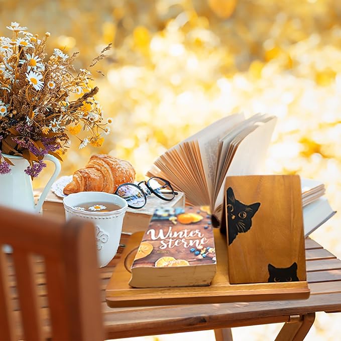 Wooden Book Stand, Triangle Book Holder, Small Bookshelf, Black Cat Book Rest with Cup Holder, for Reading or Desktop Decoration, Coffee and Book Lovers Father's Day Gifts for Dad & Husband