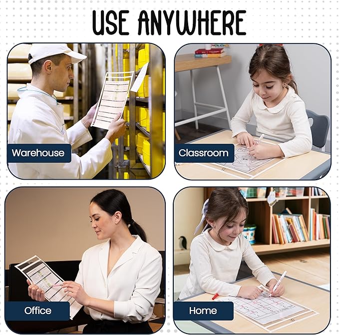 Essex Wares - 6 Pack, White, Dry Erase Pocket Document Protectors, 10" Wide x 13.5" Tall - Dry Erase Clear Plastic Sleeves - Reusable & Easy Erase Plastic Invoice Holders, Water-Resistant & Durable