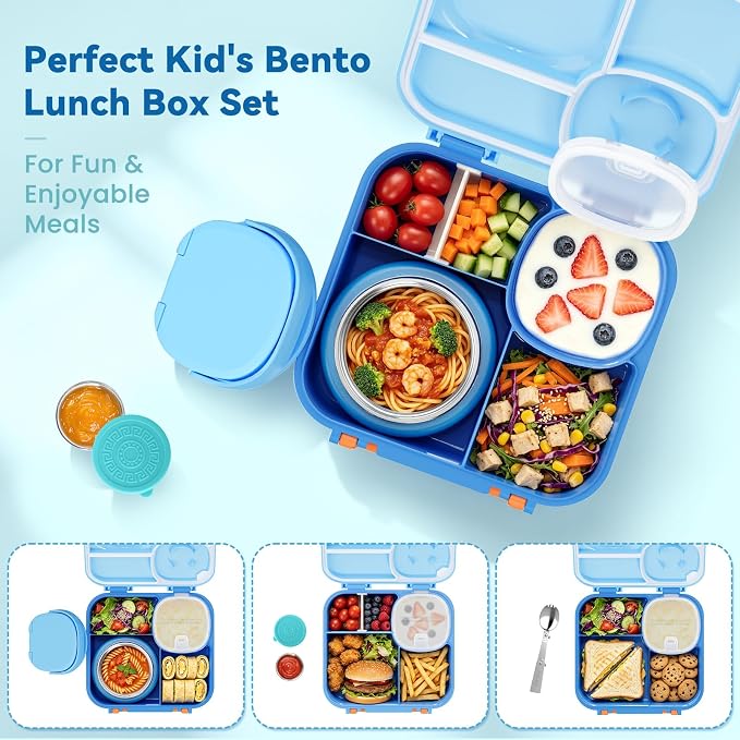 wiwens Kids Bento Lunch Box with Soup Thermo Food Lunch Container for Kid | 4 Compartment Leak-Proof Kids Lunch Box,9oz Stainless Steel Insulated Hot Food Jar,for Boys Girls Toddler to School Travel