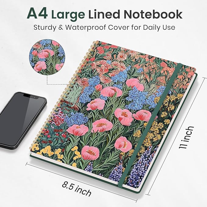 Taja Large Spiral Lined Journal for Women, 8.5" x 11" Notebooks for Work Collge Ruled, A4 Aesthetic Cute Journaling Notebooks for Writing, Plastic Cover, Blooming Symphony