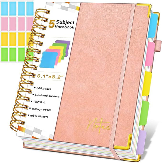 Spiral Notebook Journal with Removable Dividers Tabs, 300 Pages Hardcover Leather 5 Subject College Ruled Notebook, 6.1"x8.2" Large A5 Lined Journal for Women Men Spiral Notebook for Work School,Pink