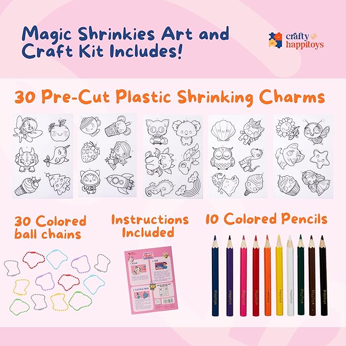 CRAFTY HAPPITOYS Shrink Art Sheets - Craft Kit for Kids - Art and Craft for Kids - Shrink Plastic Sheets with 30 Pre Cut Charms - DIY Jewelry Making - Keychain Activity - Shrinky Kit 70pc