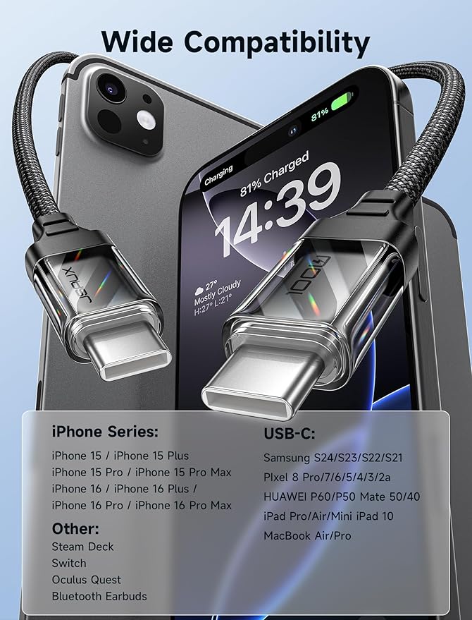 JSAUX 100W USB C to USB C Cable (2-Pack, 6.6ft), Type C Charge Cord Fast Charging Compatible with Nintendo Switch 2 iPhone 16 Pro Max Samsung Galaxy S25 S24 MacBook iPad Air Pro Carplay -Crystal Black