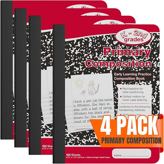 1InTheOffice Primary Composition Notebook K-2, Primary Journal, Kindergarten Notebook, 7.5" x 9.75", 100/Sheets, Red/Black Marble, 4 Pack