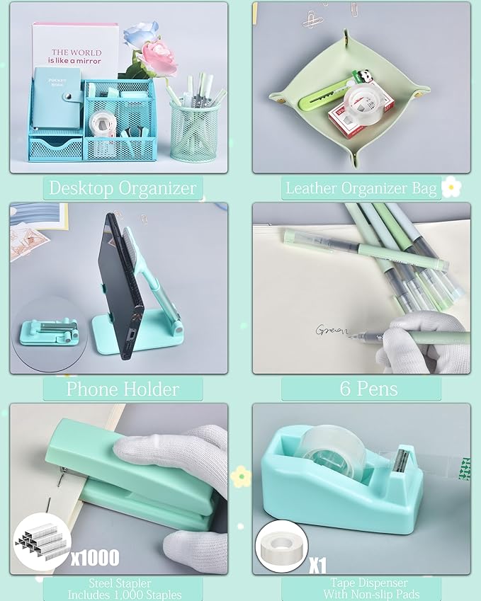 Green and Blue Desk Accessories, 26Pcs Office Supplies and Desk Organizers, with Tape Dispenser, Stapler, Staple Remover, Ect,Christmas Gifts