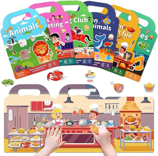 Jelly Sticker Books for Kids 2-4,5 Set Reusable Sticker Activity Books for Toddler 1-3, Travel Toys for 2+ Boy Girl (6 Set - Animals+Vehicles+Ocean Animals+Sports+Kitchen Fun+Horse Riding)