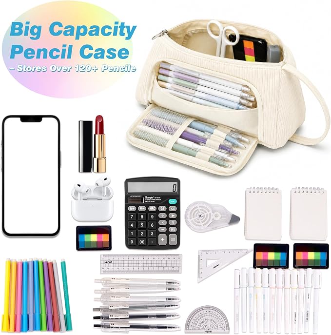 Big Capacity Pencil case,Soft Corduroy Pencil Bag with 3 Compartment Pouch Bag for School Supplies Office for Teen Girls Boys Women Man (White New)