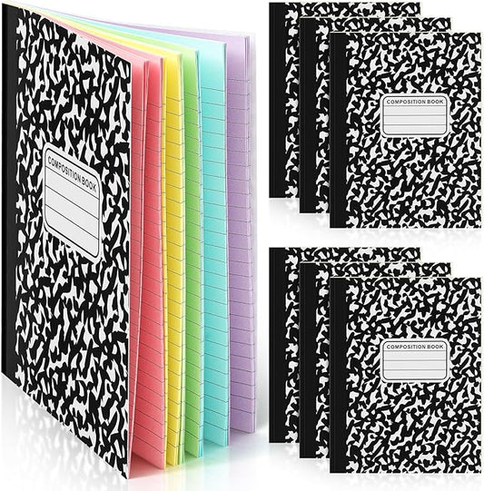 Henoyso 6 Pcs 120 Pages Colored Paper Notebooks 9.75" x 7.5" Bright Colors Lined Paper Notebook Wide Ruled Marble Notebooks Journals Bulk for Office School Supplies(Black Cover)