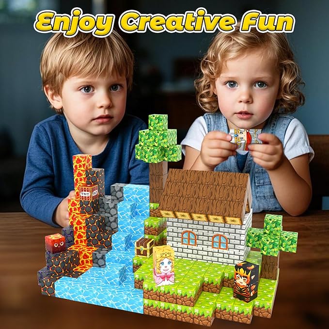 100PCS Magnetic Blocks -Build Mine Magnet World Forest & Lava Set, Magnet Building Toys for Kids Ages 5-7, STEM Sensory Toddler Toys for 3+ Year Old Boys & Girls, Creativity Birthday Gifts for Child