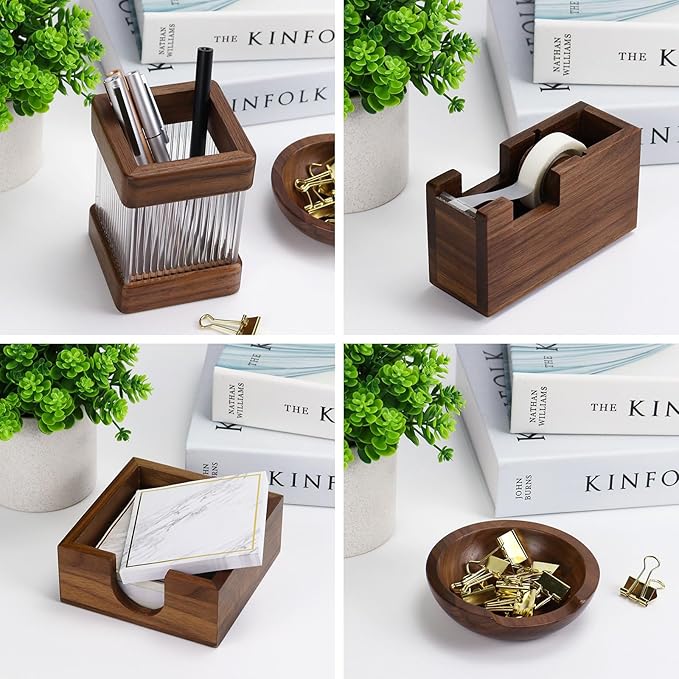 MultiBey 4pcs Walnut Office Supplies Desk Organizers, Wood Sticky Notes Holder Tape Dispenser Cutter Wooden Pencil Cup and Paper Clip Holder for Office Home School