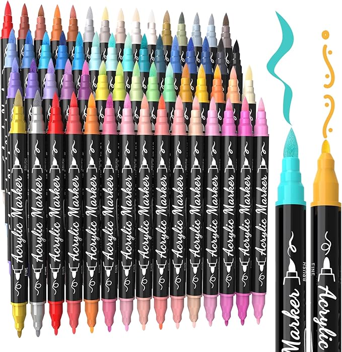 TOSHARE 60 Colors Acrylic Paint Markers, Brush & Fine Dual Tip Acrylic Paint Pens for Rock, Wood, Paper, Fabric, Canvas, Glass, Ceramic, Egg, Scrapbook and DIY Crafts Supplies Art Gifts