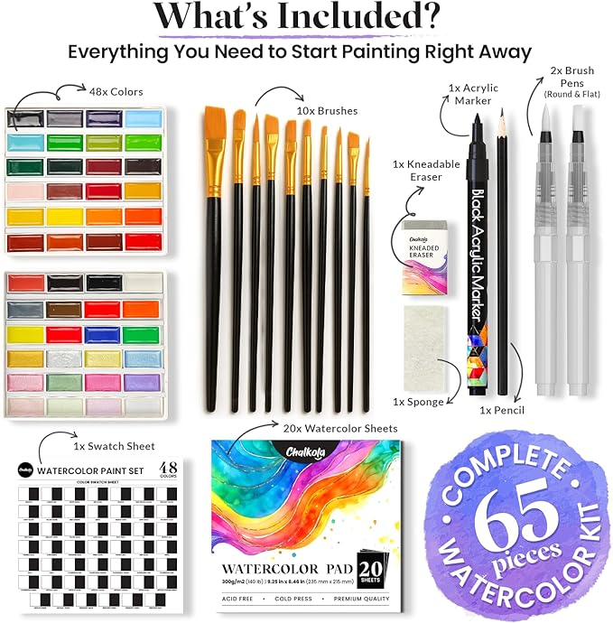 Chalkola Professional Watercolor Paint Set - 48 Semi Moist Water Colors Paint Adult Set, XL Pans | With Painting Brushes, Water Color Pad & Art Supplies | Suitable for Adults, Kids, Beginner & Artists
