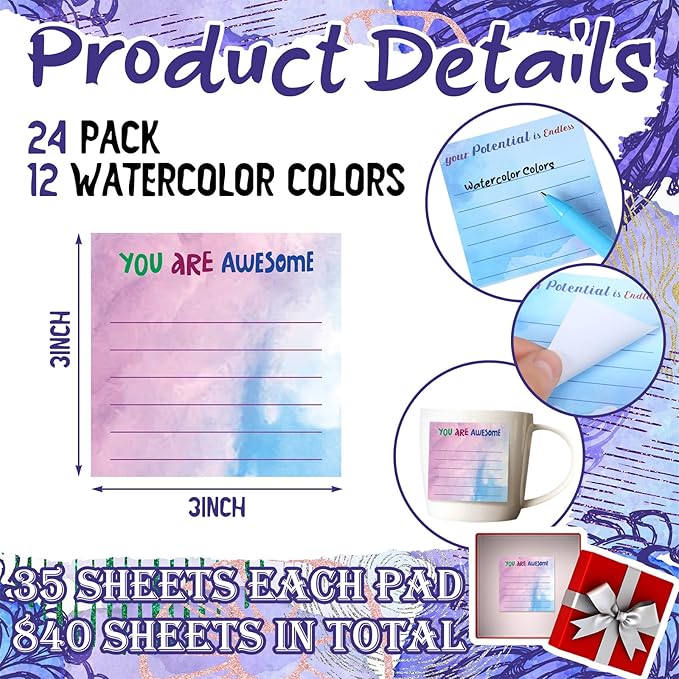 Yinder 12 Pcs Inspirational Sticky Notes Cute Motivational Sticky Notes Pad End of Year Employee Appreciation Gifts Bulk for Teacher Nurse Coworkers Office Supplies 3 x 3'' (Appreciation,Watercolor)