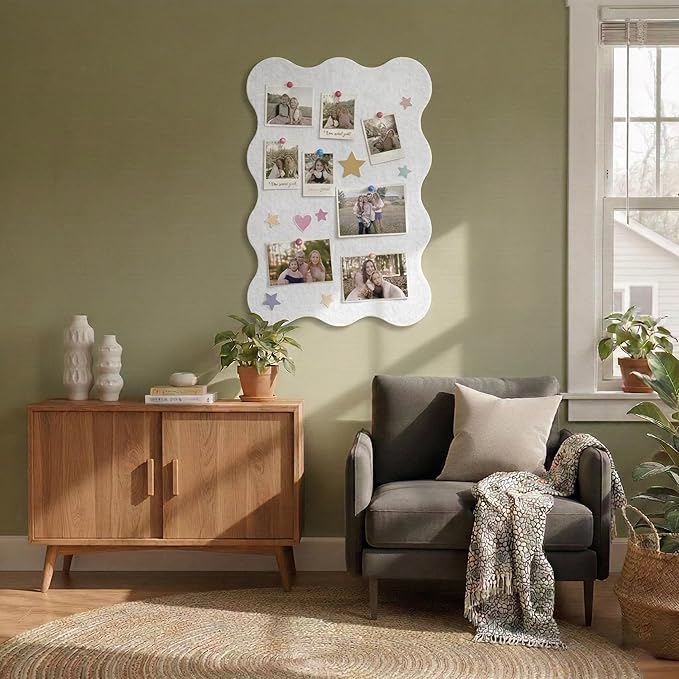 Scalloped Bulletin Board, 36x24 Scalloped Felt Bulletin Board, 3' by 2' Trifold Foldable Picture Display with 20 Pins & 5 Cute Decors - White