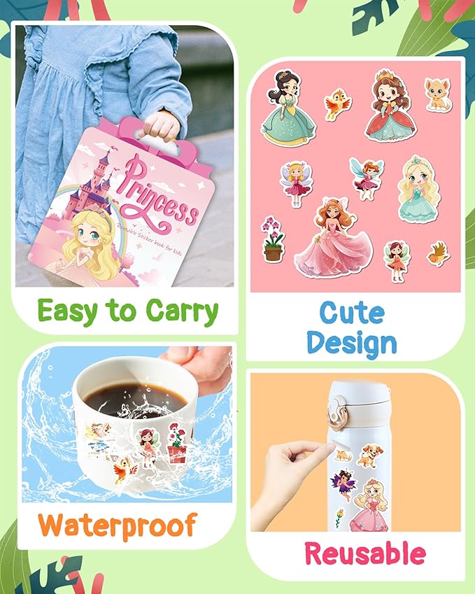 Benresive Reusable Sticker Book for Toddlers, Travel Stickers for Kids, Toddler Crafts Activities Toys, Birthday Gifts for Boys & Girls - Princess
