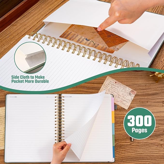 Ovesmusl Hardcover Spiral Notebook 8.5" x 11" with 5 Removable Dividers 300 Pages Leather 5 Subject Notebook College Ruled 100GSM Large Spiral Notebooks for Work Thick Lined Journal for Women, Green