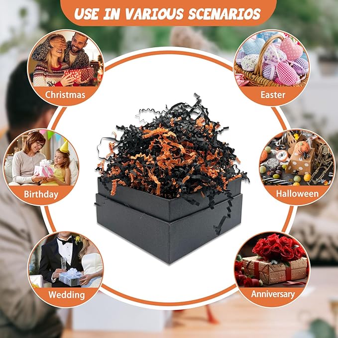 Tisspoms 1LB Black Orange Crinkle Cut Paper Shred Filler, Paper Shreds for Basket Fillers, Birthday, Gift Wrapping, Anniversary, New Years, Graduation Decor Party Filler