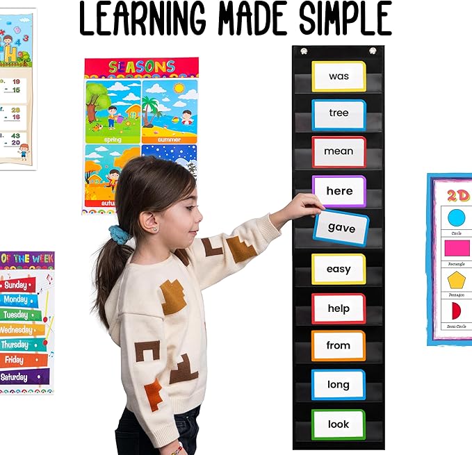 Essex Wares - 9" Wide x 44" Tall Pocket Chart, Black - Sturdy Pocket Chart for Classroom for Sentence Strips - Easy to Use & Hang, Reusable Black Pocket Chart