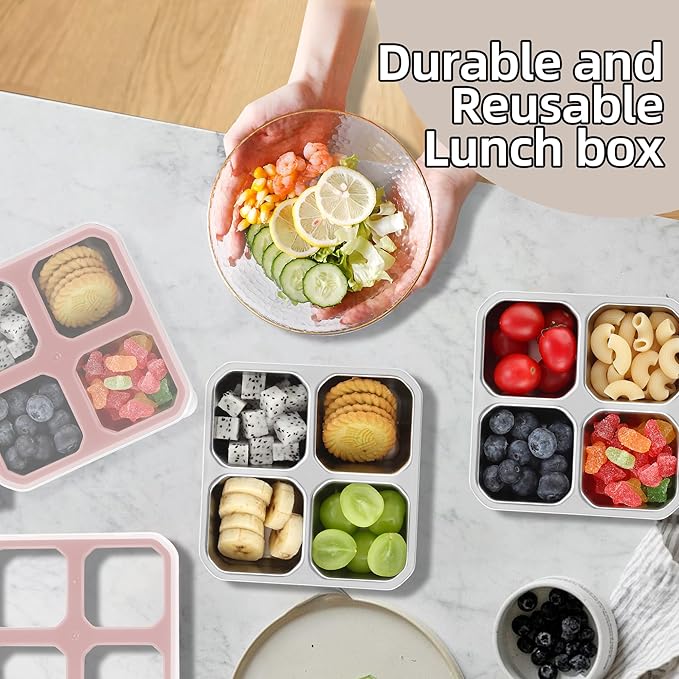 BEFOY 4 Pack Stainless Steel Snack Containers with Lids 4 Compartment Food Storage Containers for Adults & Kids Meal Prep Containers Reusablele (pink, 4)