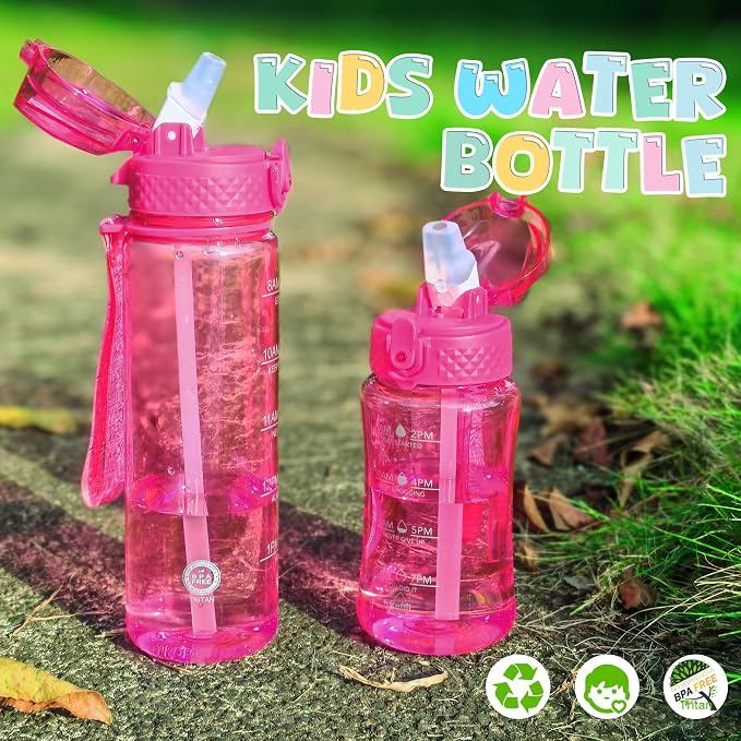 OLDLEY 17oz Kids Water Bottle, Tritan BPA-Free, Leakproof Flip Straw Lid, Motivational Time Marker, Carry Strap, Reusable Clear Water Bottle for Boys & Girls,Eggplant