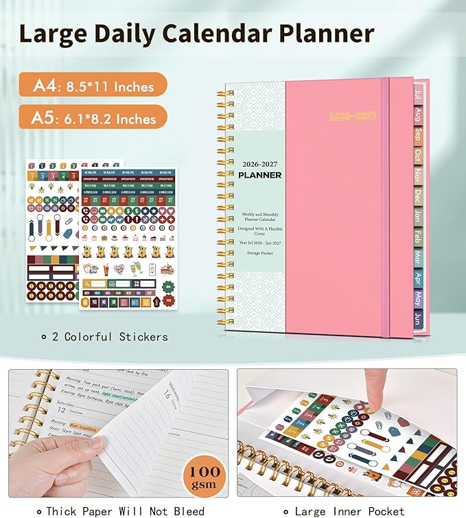 Academic Planner 2026-2027, Weekly and Monthly Calendar Planner from July 2026 - June 2027, 8.5" x 11" A4 Large Daily Agenda Book with Tabs, Flexible Cover, College School Organizer for Student Teacher, Pink