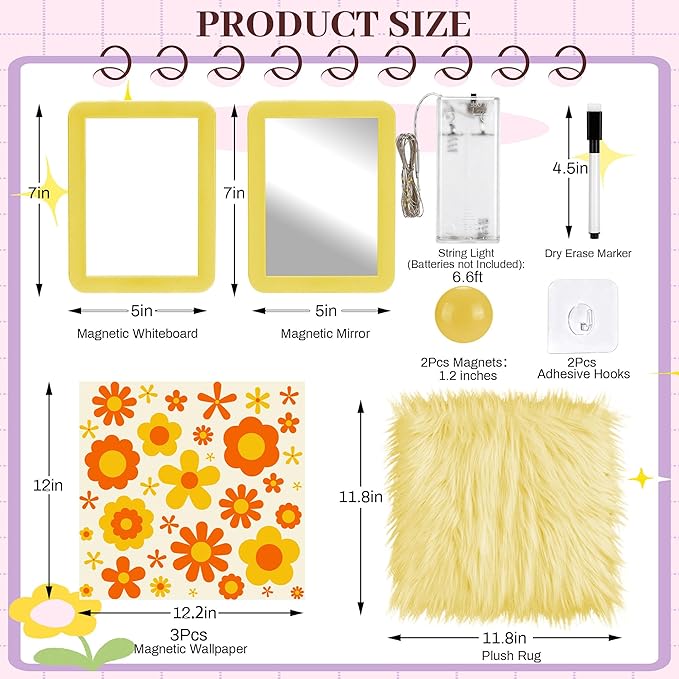 Elfcool 13 Pcs Locker Accessories Kit, Locker Decorations for Girls Boys Magnetic Pen Holder, Mirror, Whiteboard, Wallpaper, Magnets, Plush Rug, String Light, Back to School Essentials (Yellow)