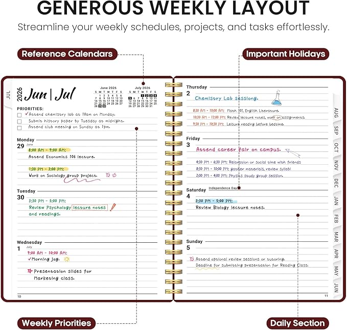 Planner 2026-2027, 8.5" x 11" Weekly and Monthly Academic Year Planner Calendar, July 2026 - June 2027, Hardcover Large School Planning Agenda With Tabs, Perfect for School & Office Supplies, A4, Burgundy
