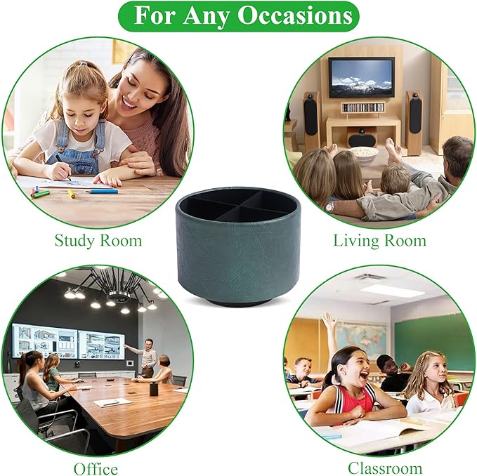 Round Leather Art Supply Organizer,Remote Control Holder,360 Degree Spinning,Multi-Functional Pencil Holder,4 Compartments Desktop Stationary Organizer(1-Crazy Green)