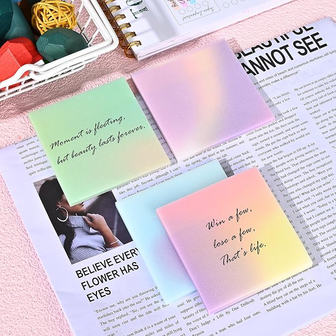 BAYTORY Glitter Transparent Sticky Notes, 3 x 3 Clear Memo Pads, Waterproof Self-Stick Note, See Through Aesthetic Self-Adhesive Note for Bible Accessories (Multicolor Gradient 200 Sheets)