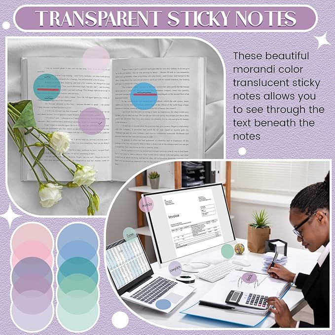 Sabary 500 Sheets Transparent Sticky Notes Round Translucent Sticky Notes Tabs Colorful Page Flags Stickers Clear Book Markers Bible Journaling Office Back to School Supplies(1.75 Inch,Stylish)