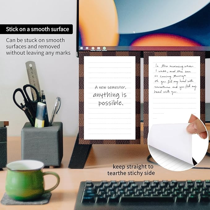 2 Pack Lined Sticky Notes 4x6 in, Cute Self-Stick Notepads with Lines, Large Memo Pads Strong Adhesive for Office, Home Luxury Plaid