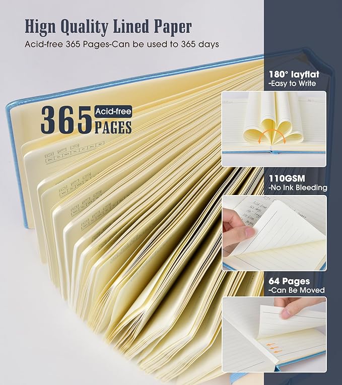 Ansopu Lined Journal Notebook, 365 Pages B5 Large Hardcover Leather Journal for Women Men, College Ruled, 100Gsm Thick Paper (7.6'' X 10'' Blue)